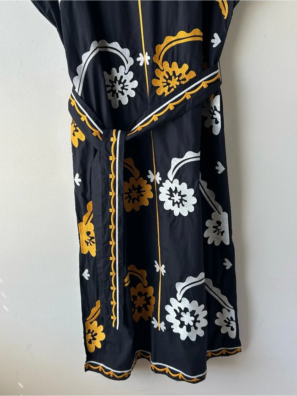 Tory Burch Embroidered Cotton Poplin Caftan Midi Dress Floral Black Gold White M